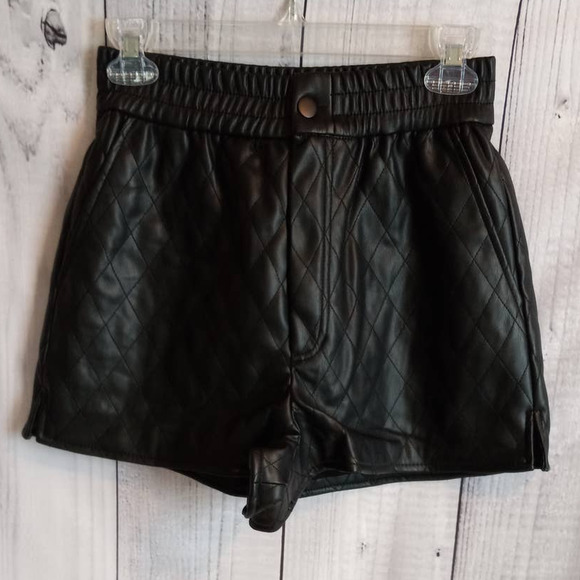 Zara | Black Faux Leather Quilted Shorts with Elastic Waist & Pockets - Picture 1 of 13